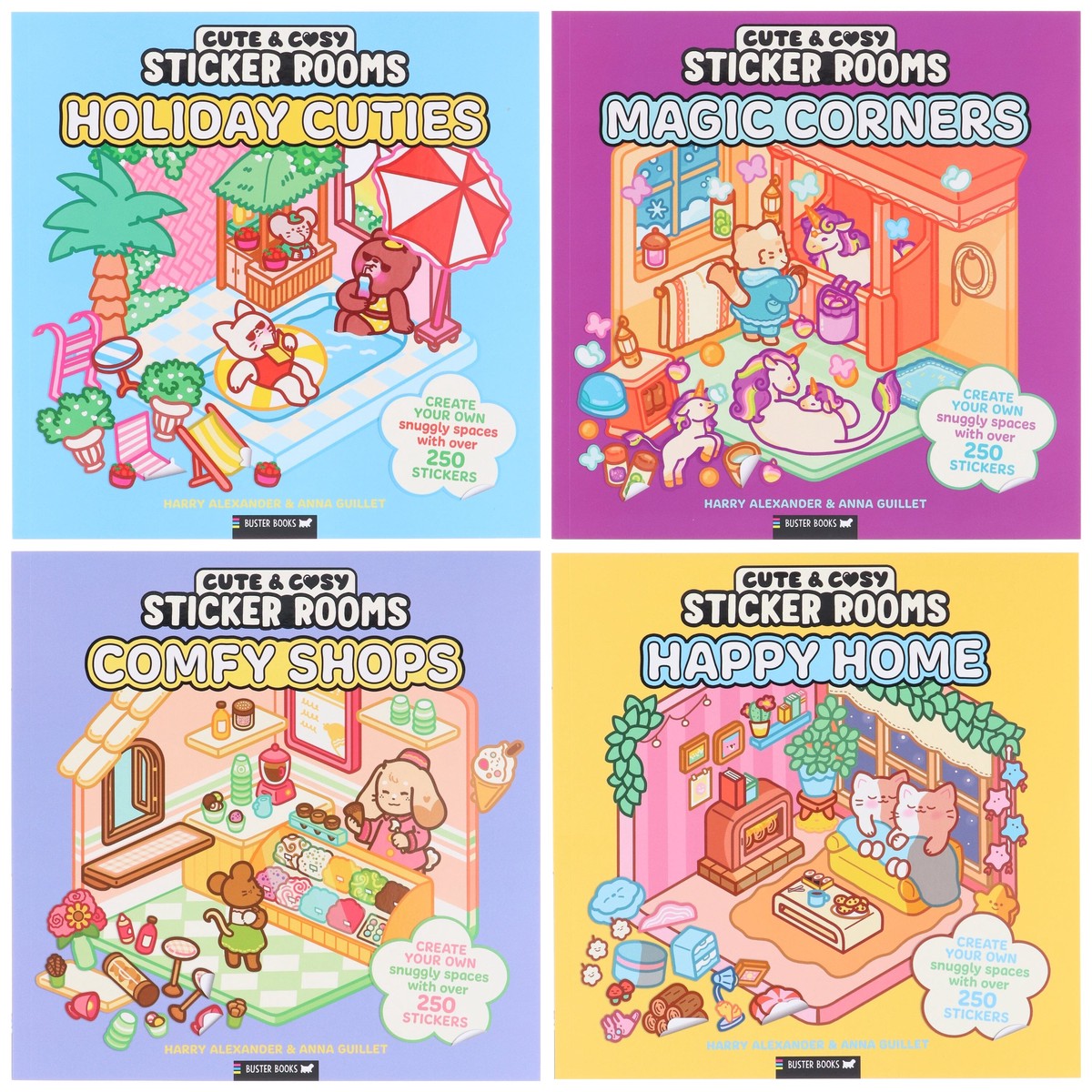 Cute & Cosy Sticker Rooms by Harry Alexander & Anna Guillet 4 Activity Books Set - Ages 6+ - Paperback